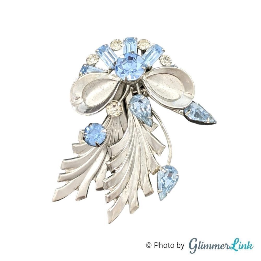 Vintage Blue Rhinestone Ribbon Bow Brooch Pendant Silver Tone Floral